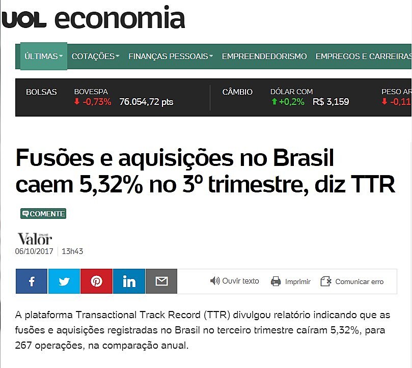 Fuses e aquisies no Brasil caem 5,32% no 3 trimestre, diz TTR